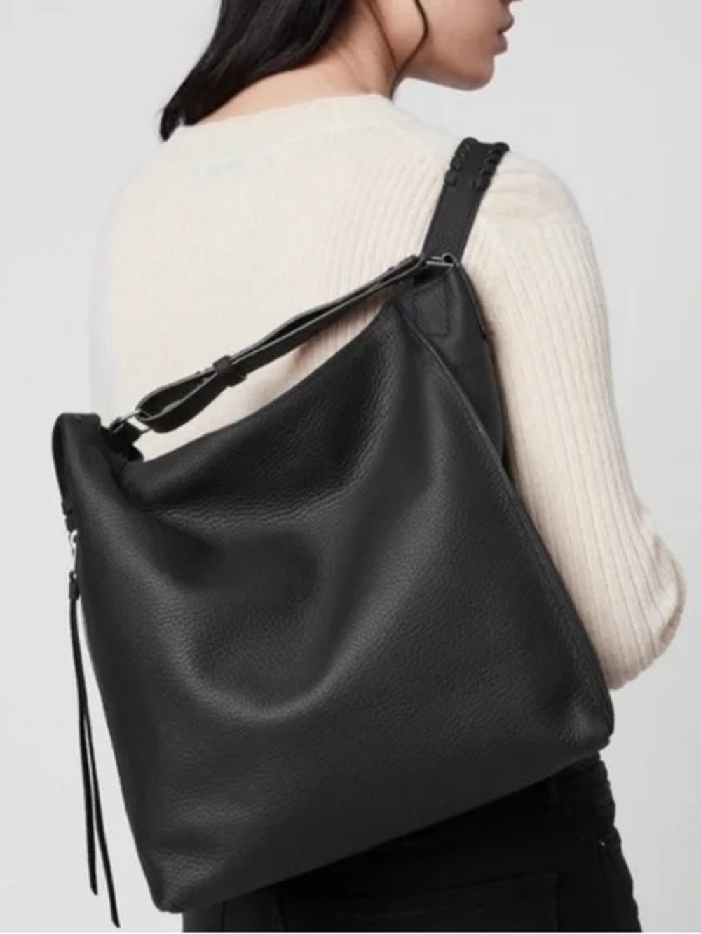 AllSaints Kita Black Leather Convertible Backpack Shoulder Bag Whipstitch